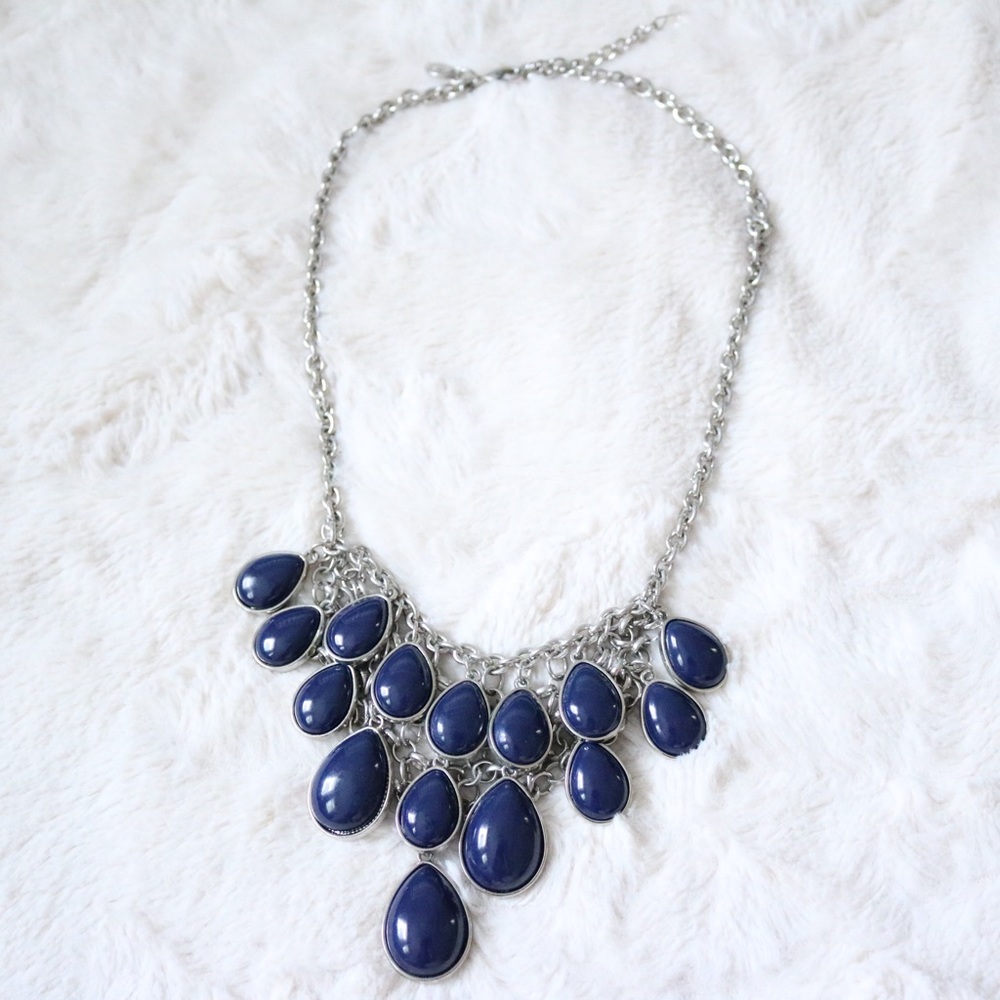 Blue Teardrop Silver Statement Necklace